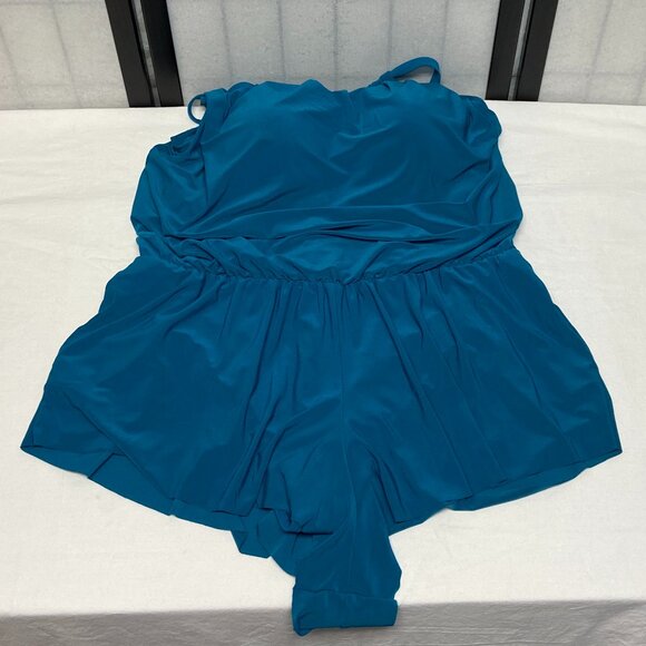 Aqua Green Keyhole Neck Blouson One Piece Swim Romper Dress Pockets Teal NWT - Picture 7 of 13
